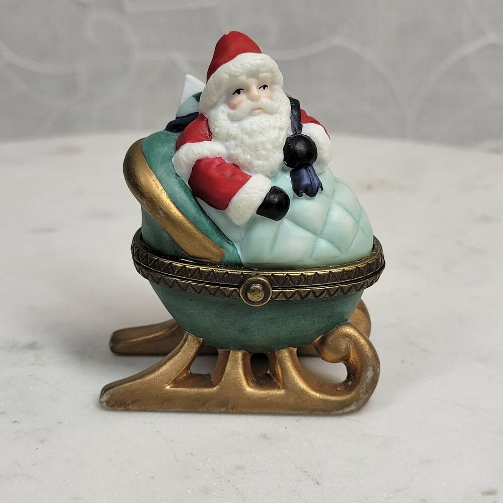 Vintage Santa Claus Porcelain Trinket Box Ceramic Hinged Sleigh With Toy Sack